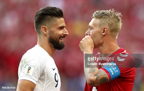Olivier Giroud of France talks to Simon Kjaer of Denmark during the 2018 FIFA World Cup Russia group C match between Denmark and France at Luzhniki...