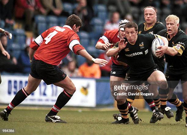 Mark Denney of Wasps takes on Rob Fidler of Gloucester during the match between London Wasps and Gloucester in the Zurich Championship Play Off...
