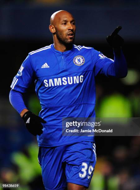 Nicolas Anelka of Chelsea celebrates as he scores their first goal during the Barclays Premier League match between Chelsea and Bolton Wanderers at...