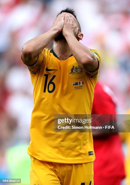 Aziz Behich of Australia reacts during the 2018 FIFA World Cup Russia group C match between Australia and Peru at Fisht Stadium on June 26, 2018 in...