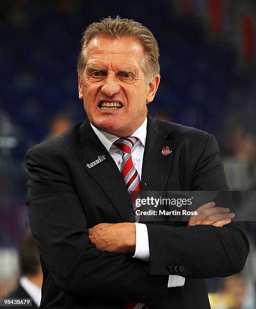 Hans Zach, head coach of Hannover reacts during the third DEL play off semi final match between Hannover Scorpions and ERC Ingolstadt at TUI Arena on...