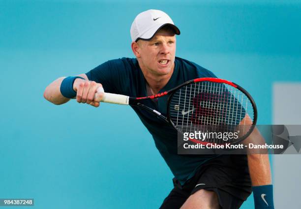 Kyle Edmund of Great Britain during his match against Ryan Harrison of USA on day two of the Fever-Tree Championships at Queens Club on June 19, 2018...