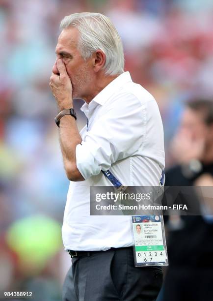 Bert van Marwijk, Head coach of Australia reacts during the 2018 FIFA World Cup Russia group C match between Australia and Peru at Fisht Stadium on...