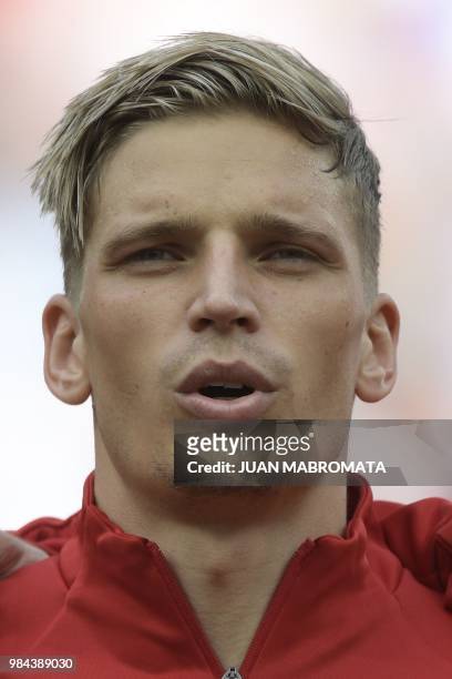 Denmark's defender Jens Stryger Larsen poses before the Russia 2018 World Cup Group C football match between Denmark and France at the Luzhniki...