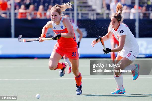 Margot Zuidhof of Holland Women, Maria Lopez of Spain Women during the Rabobank 4-Nations trophy match between Holland v Spain at the Hockeyclub...