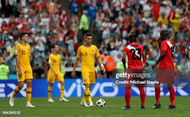 Tom Rogic and Tomi Juric of Australia stand dejected during the 2018 FIFA World Cup Russia group C match between Australia and Peru at Fisht Stadium...
