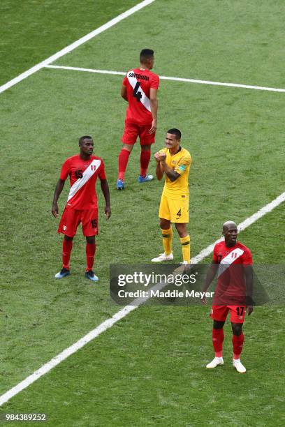 Tim Cahill of Australia reacts during the 2018 FIFA World Cup Russia group C match between Australia and Peru at Fisht Stadium on June 26, 2018 in...