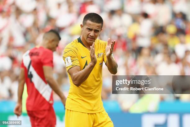 Tim Cahill of Australia encourages his teammates during the 2018 FIFA World Cup Russia group C match between Australia and Peru at Fisht Stadium on...