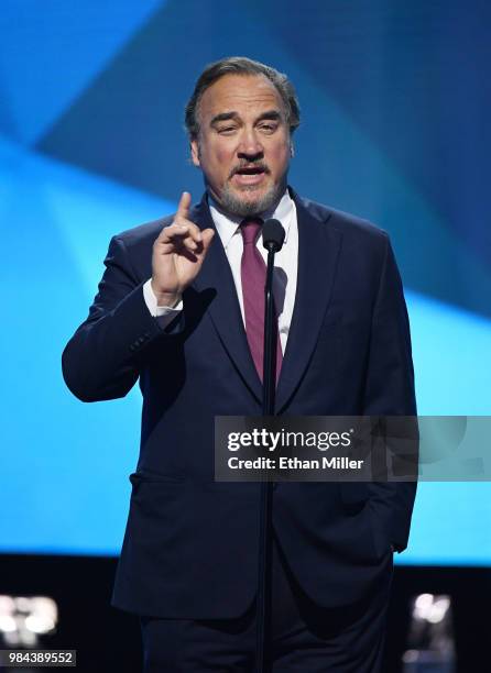 Actor Jim Belushi presents the Vezina Trophy during the 2018 NHL Awards presented by Hulu at The Joint inside the Hard Rock Hotel & Casino on June...