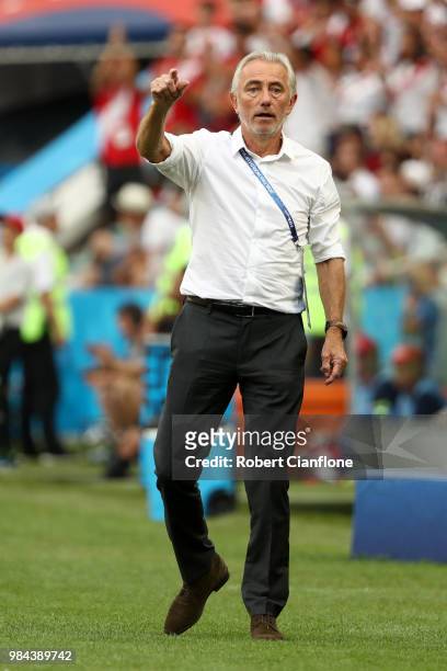 Bert van Marwijk, Head coach of Australia reacts during the 2018 FIFA World Cup Russia group C match between Australia and Peru at Fisht Stadium on...