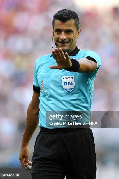 Referee Sandro Ricci gestures during the 2018 FIFA World Cup Russia group C match between Denmark and France at Luzhniki Stadium on June 26, 2018 in...