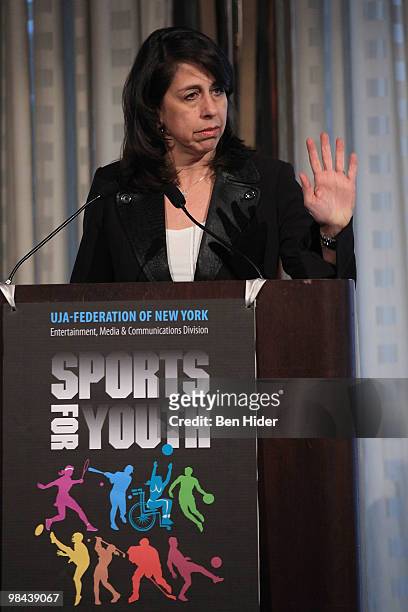 President of the WNBA Donna Orender speaks at the UJA-Federation of New York's Sports for Youth at the Grand Hyatt Hotel on April 13, 2010 in New...