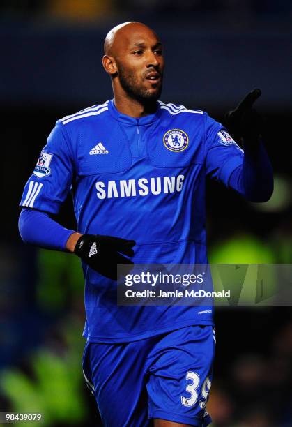 Nicolas Anelka of Chelsea celebrates as he scores their first goal during the Barclays Premier League match between Chelsea and Bolton Wanderers at...