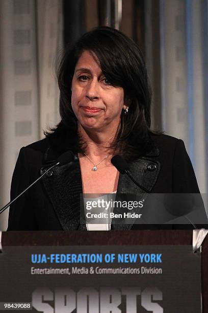 President of the WNBA Donna Orender speaks at the UJA-Federation of New York's Sports for Youth at the Grand Hyatt Hotel on April 13, 2010 in New...