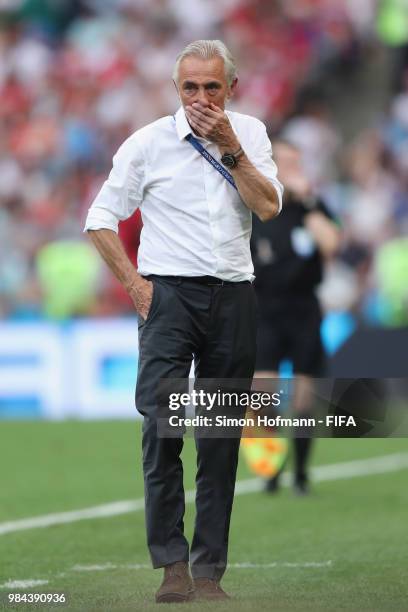 Bert van Marwijk, Head coach of Australia reacts during the 2018 FIFA World Cup Russia group C match between Australia and Peru at Fisht Stadium on...