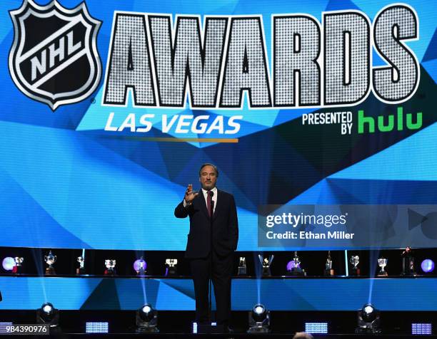 Actor Jim Belushi presents the Vezina Trophy during the 2018 NHL Awards presented by Hulu at The Joint inside the Hard Rock Hotel & Casino on June...