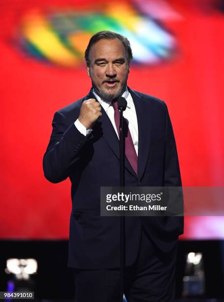 Actor Jim Belushi presents the Vezina Trophy during the 2018 NHL Awards presented by Hulu at The Joint inside the Hard Rock Hotel & Casino on June...