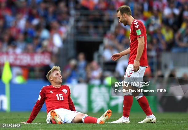 Christian Eriksen of Denmark talks to teammate Viktor Fischer during the 2018 FIFA World Cup Russia group C match between Denmark and France at...
