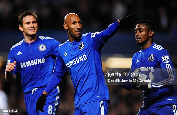 Nicolas Anelka of Chelsea celebrates with Frank Lampard and Salomon Kalou as he scores their first goal during the Barclays Premier League match...