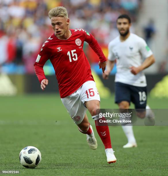 Viktor Fischer of Denmark in action during the 2018 FIFA World Cup Russia group C match between Denmark and France at Luzhniki Stadium on June 26,...