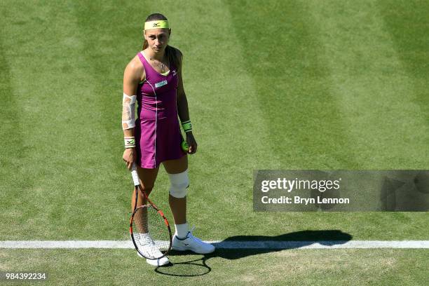 Aleksandra Krunic of Serbia looks on during her match against Johanna Konta of Great Britain on day five of the Nature Valley International at...