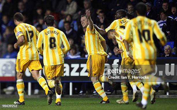 Kevin Nolan of Newcastle celebrates after scoring the opening goal during the Coca Cola Championship match between Reading and Newcastle United at...