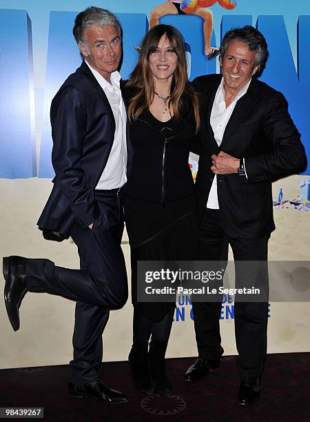 Actors Franck Dubosc, Mathilde Seigner and Richard Anconina attend the Premiere of "Camping 2" at Cinema Gaumont Opera on April 13, 2010 in Paris,...