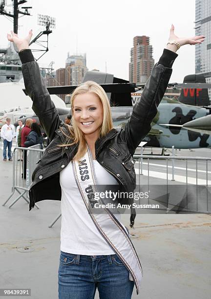 Miss USA Kristen Dalton arrives to pack goody bags for overseas troops at the Intrepid Sea-Air-Space Museum on April 13, 2010 in New York City.
