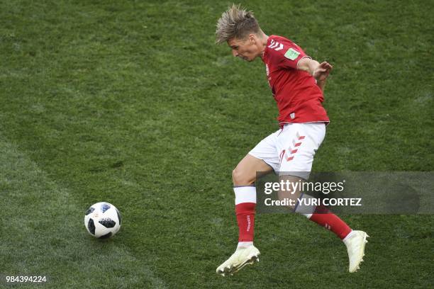 Denmark's defender Jens Stryger Larsen heads the ball during the Russia 2018 World Cup Group C football match between Denmark and France at the...