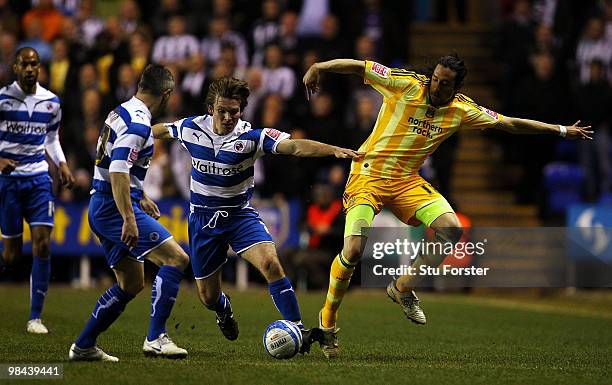 Newcastle United player Jonas Guitierrez takes on the Reading defence during the Coca-Cola Championship game between Reading and Newcastle United at...
