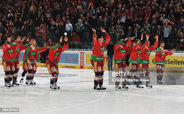 The team of Hannover celebrate after winning the third DEL play off semi final match between Hannover Scorpions and ERC Ingolstadt at TUI Arena on...