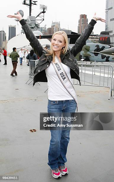 Miss USA Kristen Dalton arrives to pack goody bags for overseas troops at the Intrepid Sea-Air-Space Museum on April 13, 2010 in New York City.