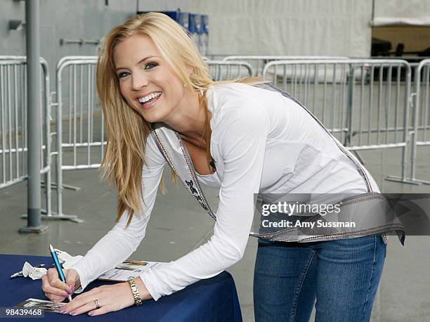 Miss USA Kristen Dalton signs petition to get the Space Shuttle in New York at the Intrepid Sea-Air-Space Museum on April 13, 2010 in New York City.