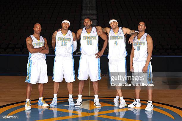 Chauncey Billups, Carmelo Anthony, Nene, Kenyon Martin and Arron Afflalo of the Denver Nuggets pose for a photo on April 2, 2010 at the Pepsi Center...