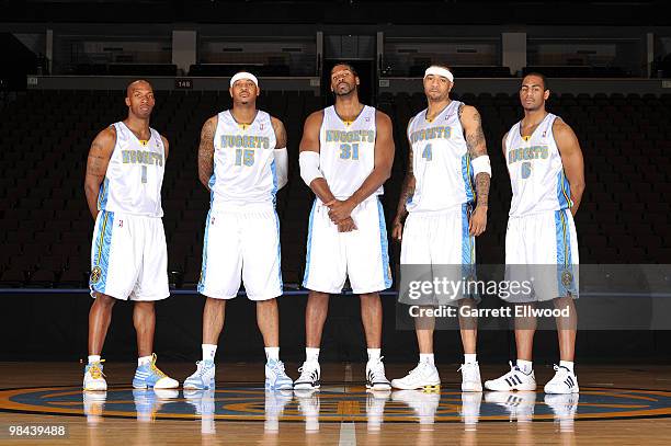 Chauncey Billups, Carmelo Anthony, Nene, Kenyon Martin and Arron Afflalo of the Denver Nuggets pose for a photo on April 2, 2010 at the Pepsi Center...