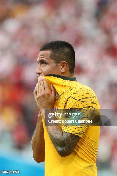 Tim Cahill of Australia looks dejected following his sides defeat in the 2018 FIFA World Cup Russia group C match between Australia and Peru at Fisht...