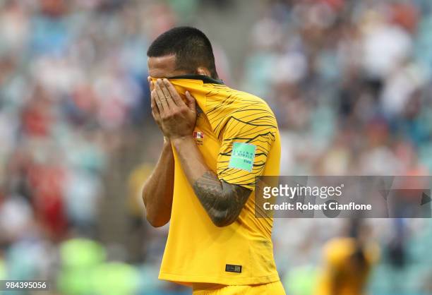 Tim Cahill of Australia looks dejected following his sides defeat in the 2018 FIFA World Cup Russia group C match between Australia and Peru at Fisht...