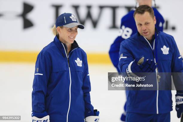 Guest coach Hailey Wickenheiser and Mike Ellis at the Leafs training facility in Etobicoke. June 26, 2018.