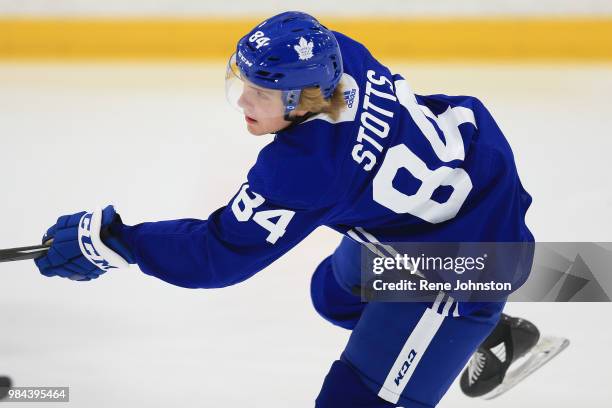 Riley Stotts rips a shot at the Leafs training facility in Etobicoke. June 26, 2018.