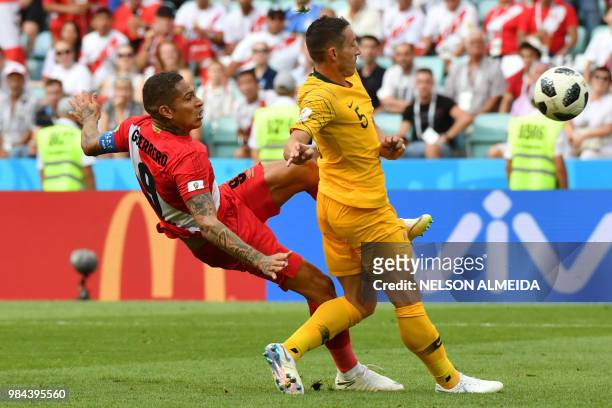 Peru's forward Paolo Guerrero shoots and scores his team's second goal during the Russia 2018 World Cup Group C football match between Australia and...
