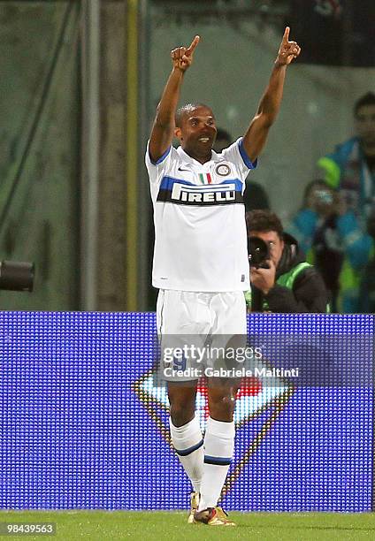 Samuel Eto'o of FC Internazionale Milano celebrates the goal during the Tim Cup ACF Fiorentina and FC Internazionale Milano between at Stadio Artemio...