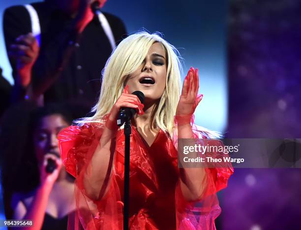 Recording artist Bebe Rexha performs on stage during VH1 Trailblazer Honors 2018 at The Cathedral of St. John the Divine on June 21, 2018 in New York...