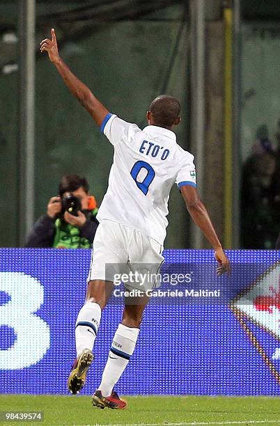 Samuel Eto'o of FC Internazionale Milano celebrates the goal during the Tim Cup ACF Fiorentina and FC Internazionale Milano between at Stadio Artemio...
