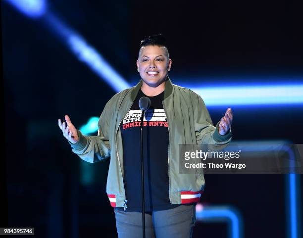 Presentor, actor Sara Ramirez speaks on stage during VH1 Trailblazer Honors 2018 at The Cathedral of St. John the Divine on June 21, 2018 in New York...