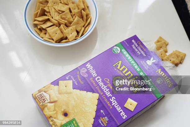 Box of General Mills Inc. Annie's cheddar squares is arranged for a photograph in the Brooklyn Borough of New York, U.S., on Sunday June 24, 2018....