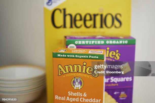 Box of General Mills Inc. Annie's macaroni and cheese is arranged for a photograph in the Brooklyn Borough of New York, U.S., on Sunday June 24,...