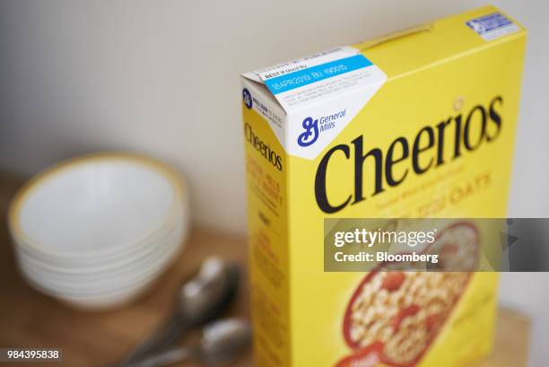 Box of General Mills Inc. Cheerios brand cereal is arranged for a photograph in the Brooklyn Borough of New York, U.S., on Tuesday June 26, 2018....