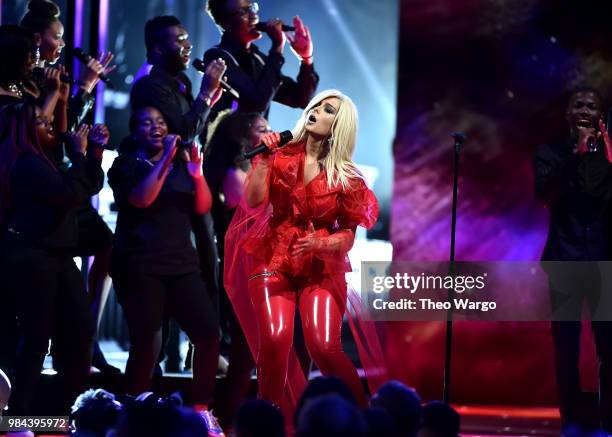 Recording artist Bebe Rexha performs on stage during VH1 Trailblazer Honors 2018 at The Cathedral of St. John the Divine on June 21, 2018 in New York...