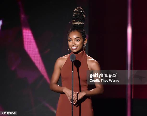Presenter, actor Logan Browning speaks on srage during VH1 Trailblazer Honors 2018 at The Cathedral of St. John the Divine on June 21, 2018 in New...