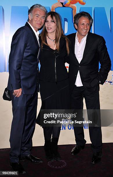 Actors Franck Dubosc, Mathilde Seigner and Richard Anconina attend the Premiere of "Camping 2" at Cinema Gaumont Opera on April 13, 2010 in Paris,...